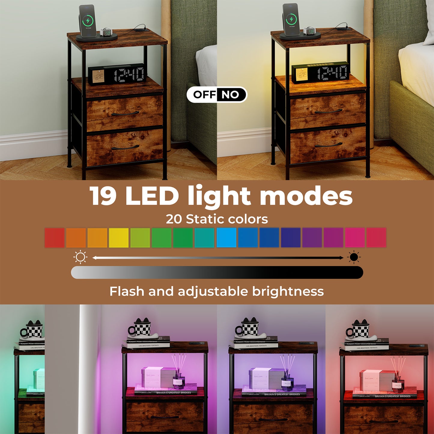 Levede LED Bedside Table 2 Drawers USB Ports Sofa End Table in Brown Black