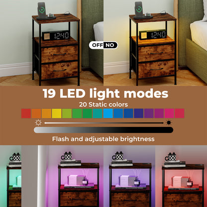 Levede LED Bedside Table 2 Drawers USB Ports Sofa End Table in Brown Black