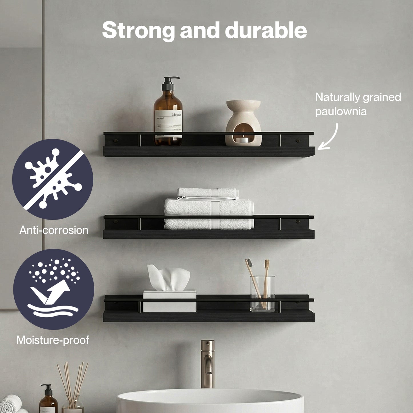 Levede Floating Shelves Set of 3 Wooden Wall Mounted Shelves Storage Black