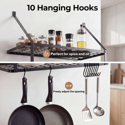 TOQUE Pot Pan Rack Wall Mounted Kitchen Shelf 2 Tier Storage Rack Metal 10 Hooks