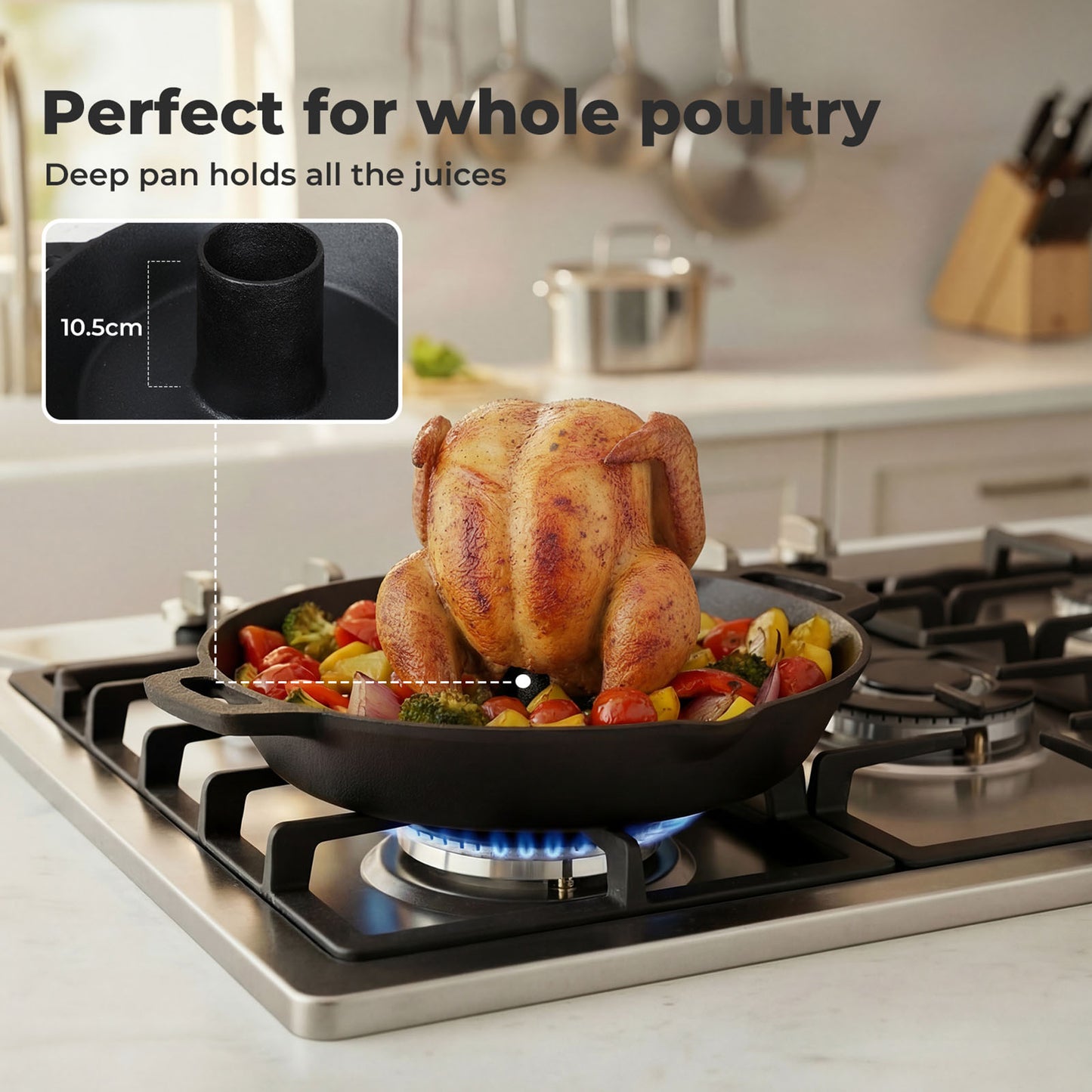 Toque Chicken Roaster Stand Cast Iron BBQ Pan Non Stick Beer Can Turkey Holder