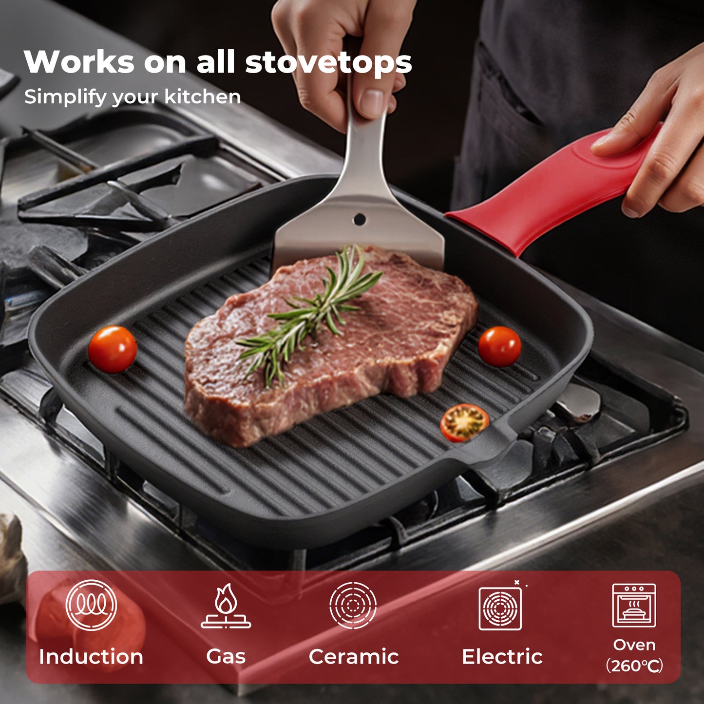 Toque Cast Iron Griddle Grill Pan Square Skillet BBQ Non‑Stick Frying Cookware