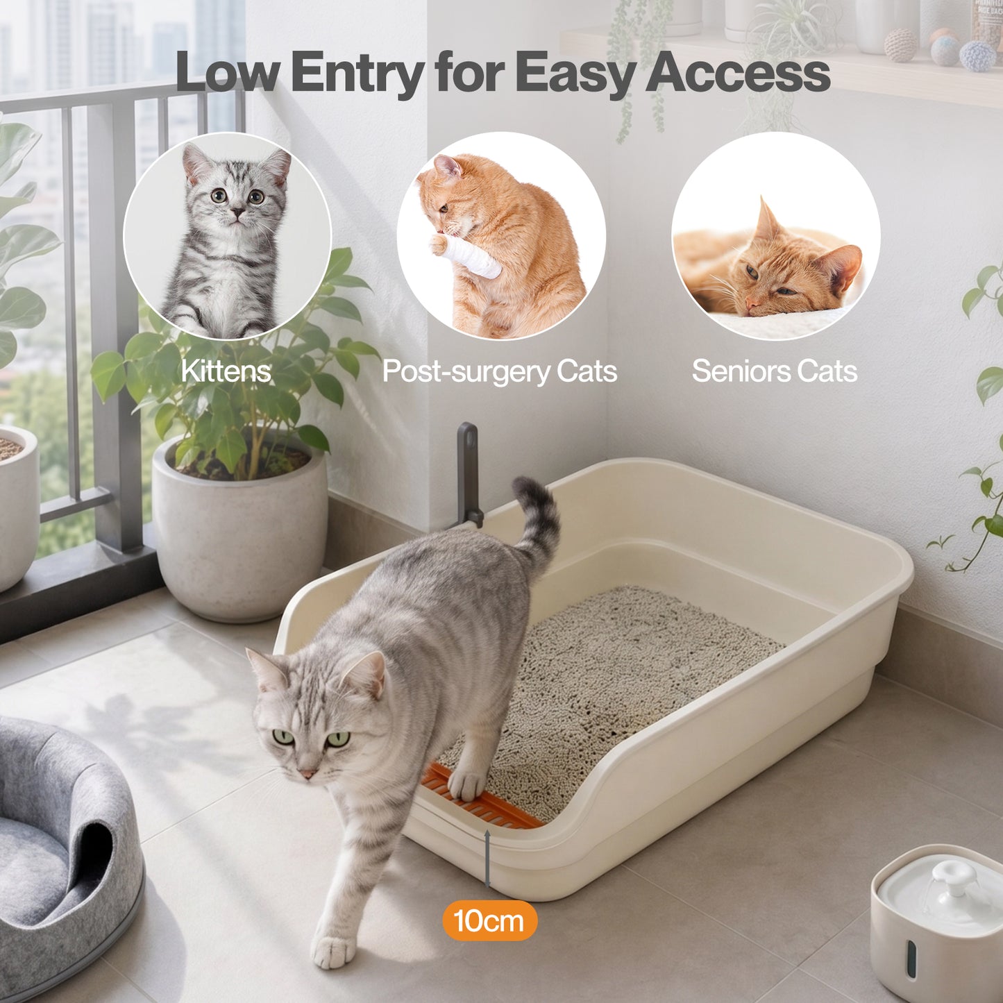 Skylos Cat Litter Tray Spacious High Sided Low Entry Open Pan for Cats Beige