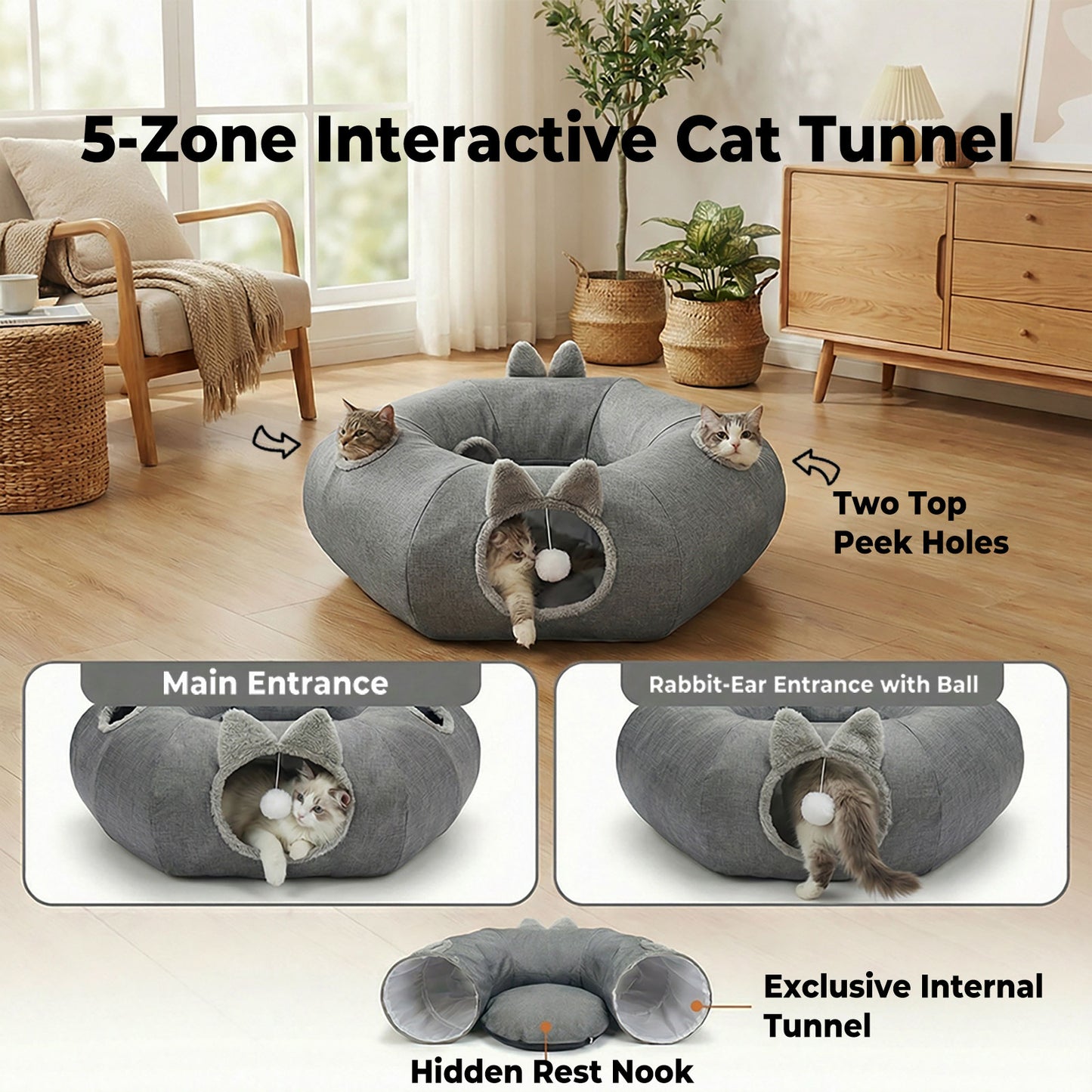 Skylos Foldable Cat Tunnel Bed Interactive Donut Toy for Indoor Cats Kittens