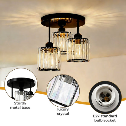 Emitto Crystal Ceiling Light 3 Light E27 Chandelier Semi Flush Mount Lamp Black