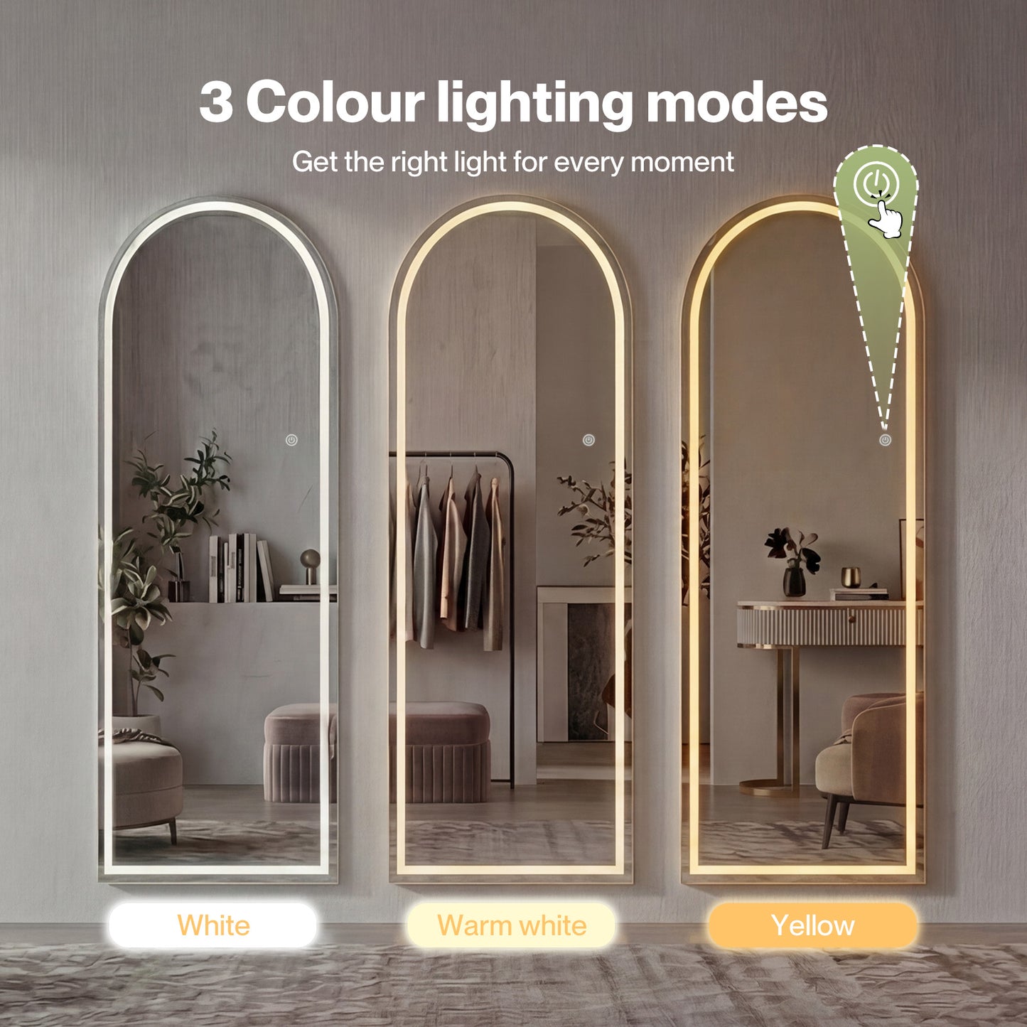 Yezi Full Length Mirror Arched LED Touch Buttons Light-Adjustable 165x60cm White