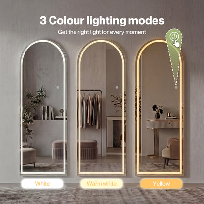 Yezi Full Length Mirror Arched LED Touch Buttons Light-Adjustable 165x60cm White