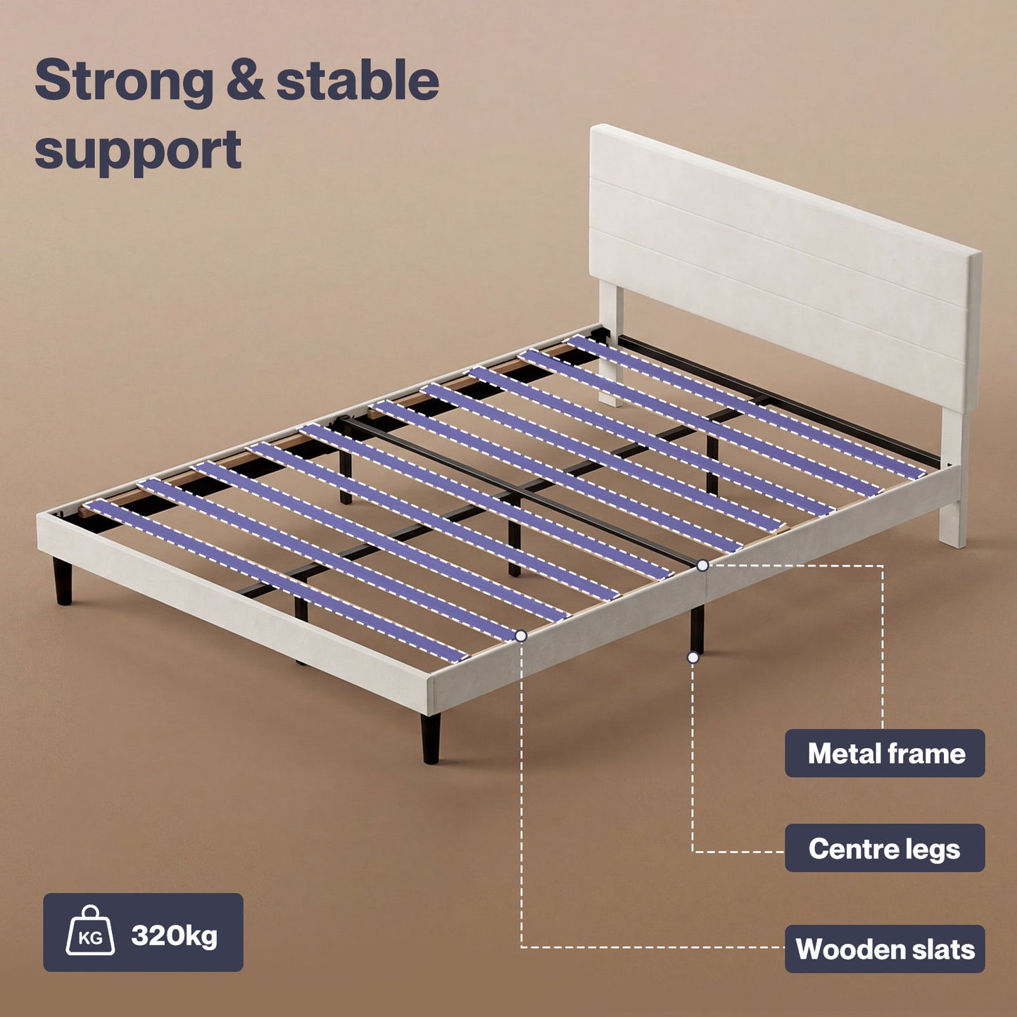 Levede King Bed Frame Upholstered Headboard Platform Velvet Foam White Fabric