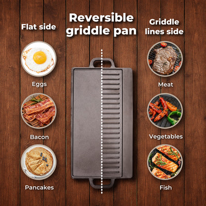 Toque Reversible Cast Iron Griddle Plate Non-Stick Grill Skillet Pan 49.5cm BBQ