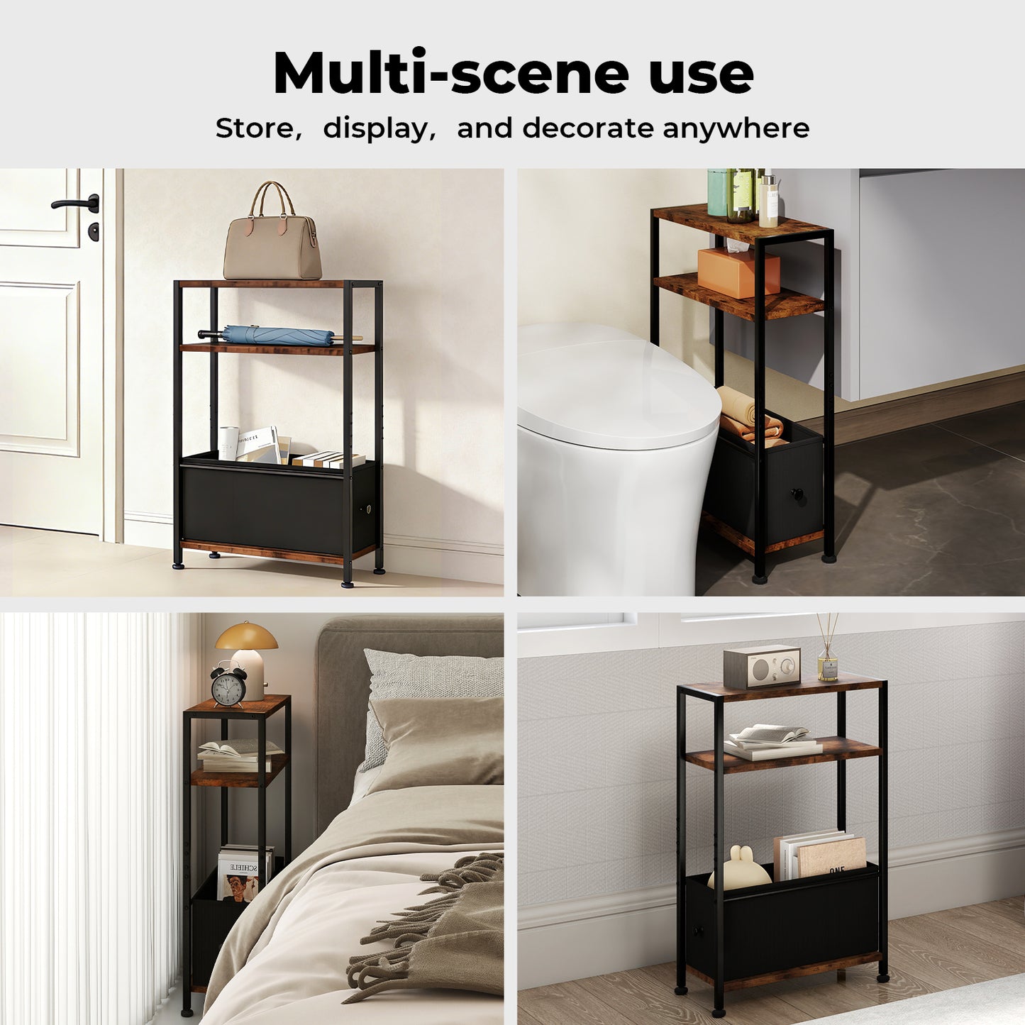 Levede Side End Table Industrial 3 Tier Wooden Oxford Storage Basket Living Room