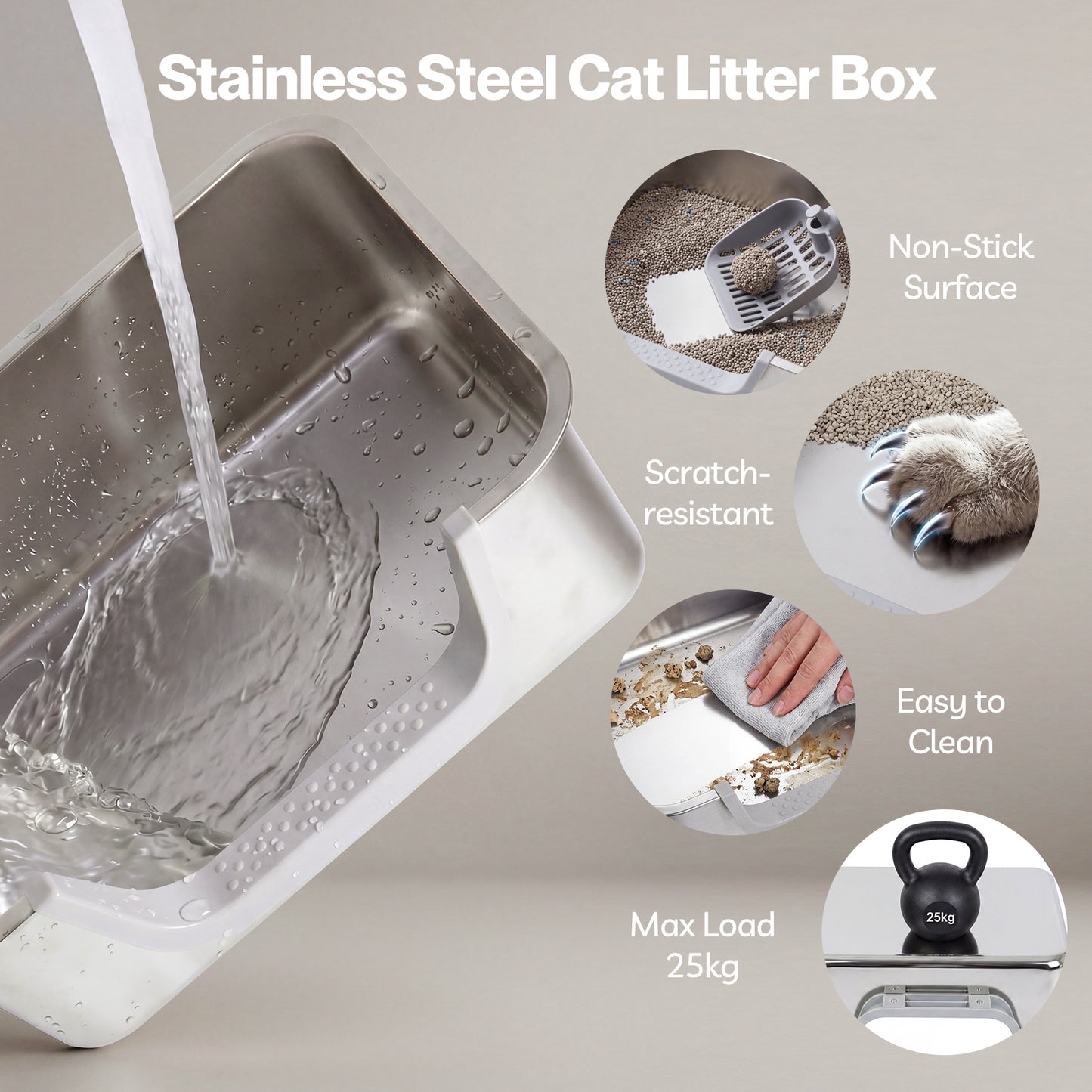 Skylos Cat Litter Tray Stainless Steel 7.5cm Low Entry High Sides 201 Steel