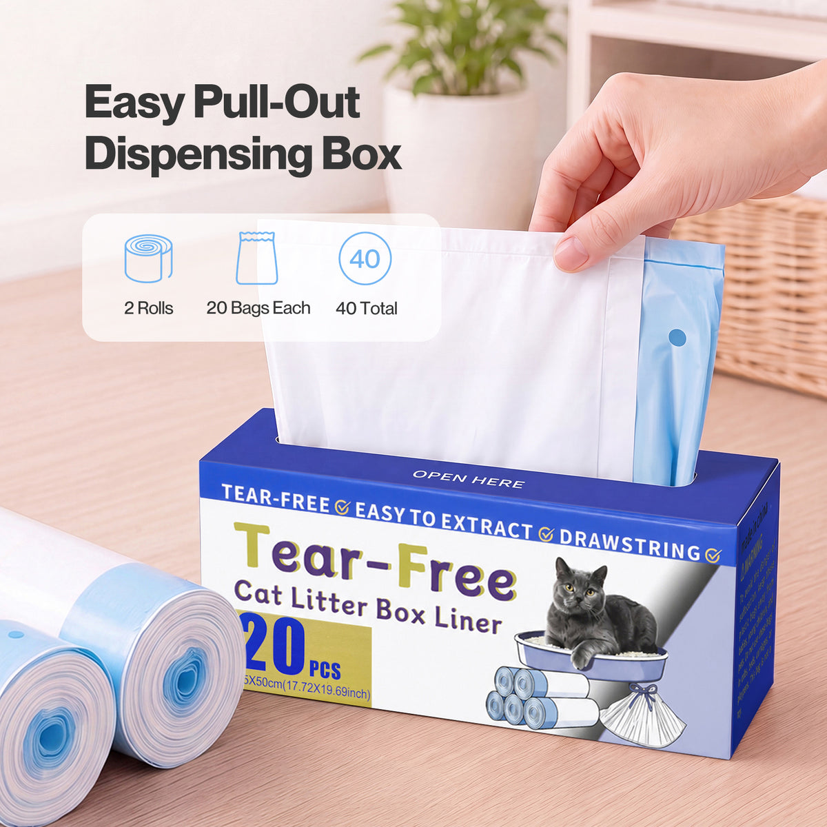 Skylos Cat Litter Bags Auto Scoop Bin Liners Heavy Duty Drawstring 40 Pack Blue