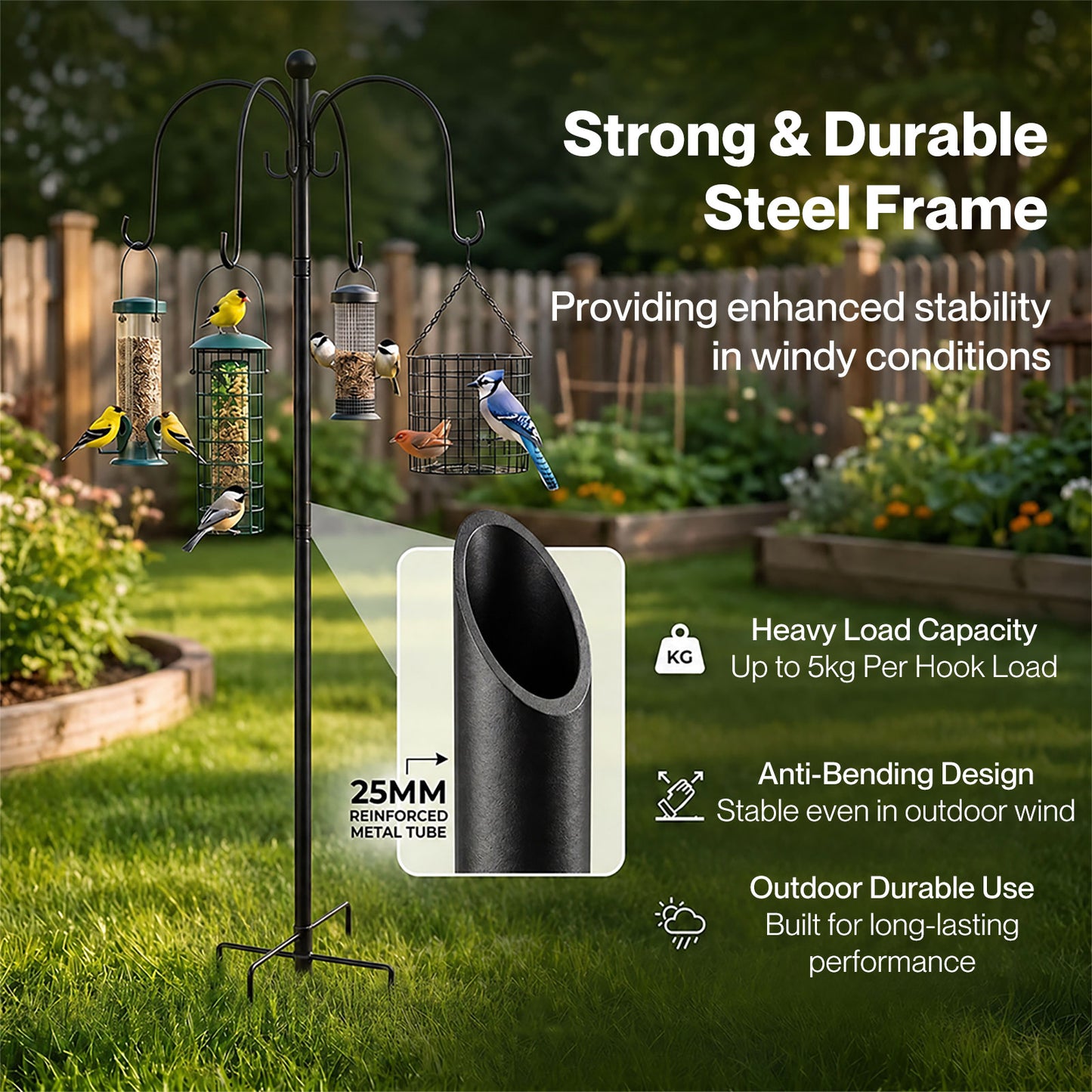 TOQUE Bird Feeding Station Outdoor Garden Shepherd Hook Adjustable Stand Black