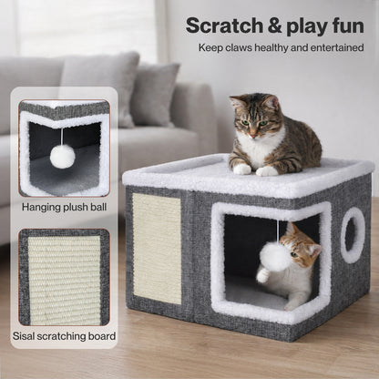 Skylos Cat House Indoor Cat Cave with Scratch Pad Fluffy Ball Pet Bed Foldable
