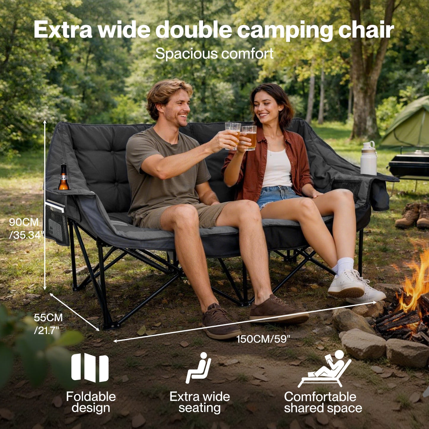Levede Double Camping Chair 2 Seater Folding Outdoor Loveseat Garden Sofa Seat