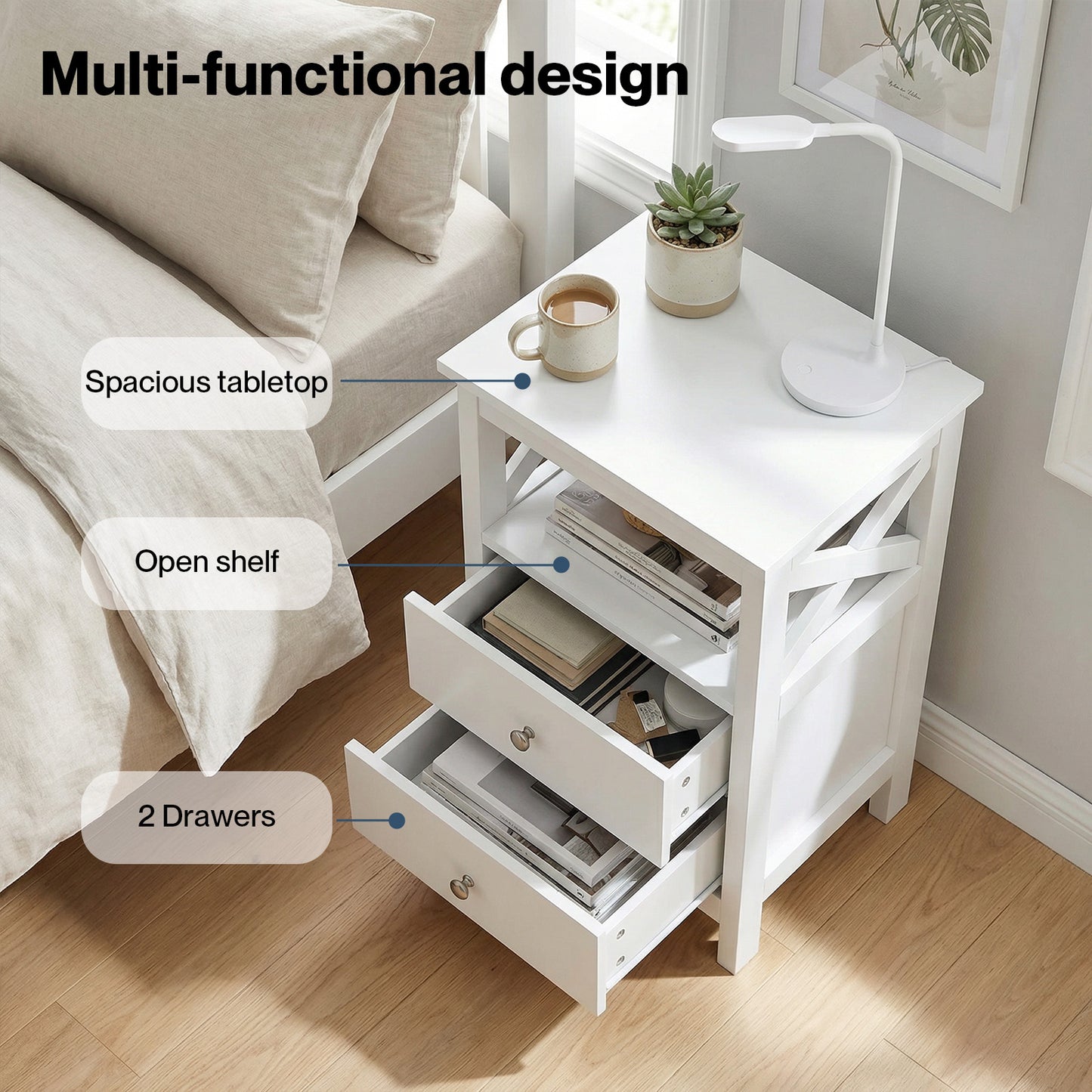 Levede Bedside Table Wood Nightstand Cabinet 2 Storage Drawers Open Shelf White