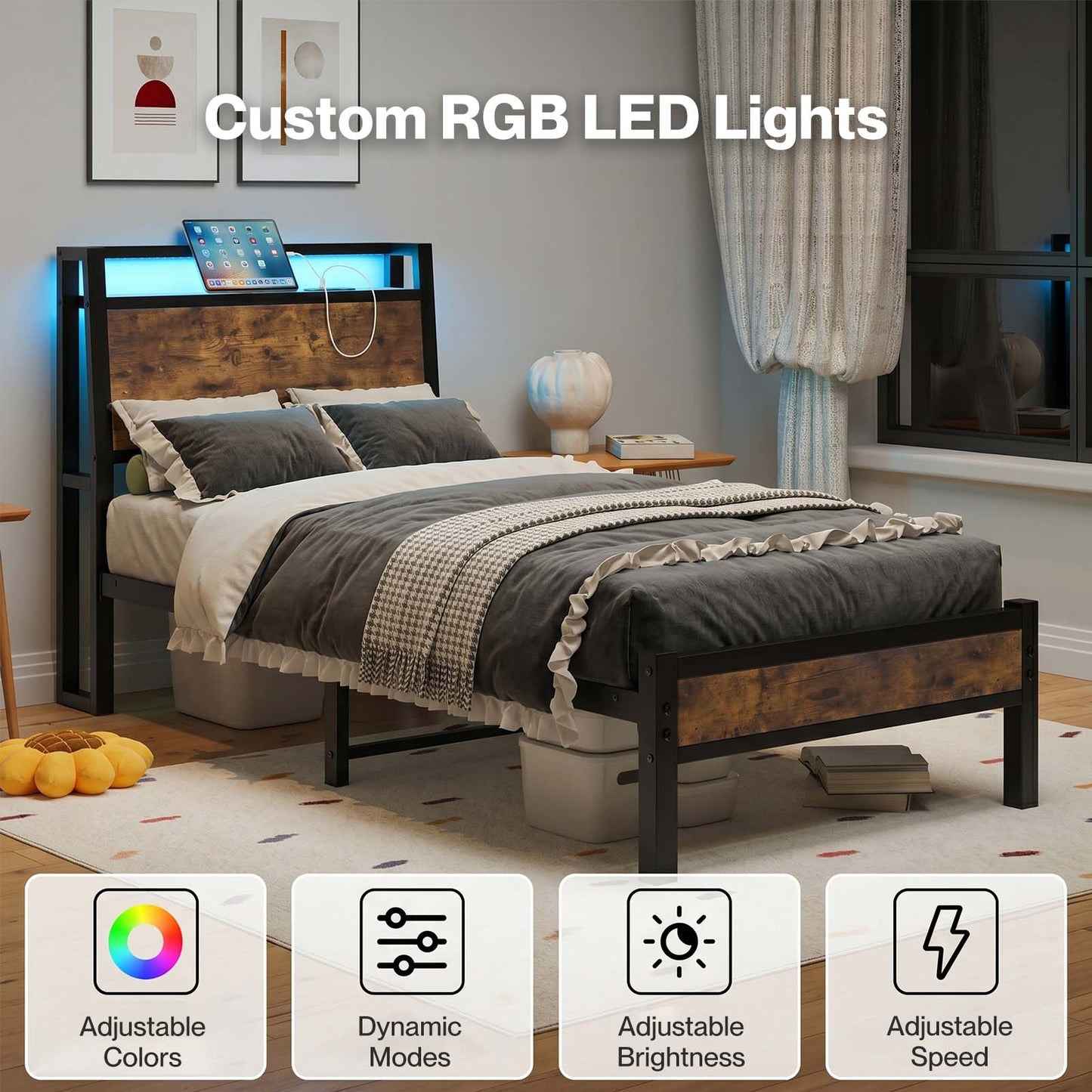 Levede Single Bed Frame Platform Storage Headboard Charging Station LED Lights