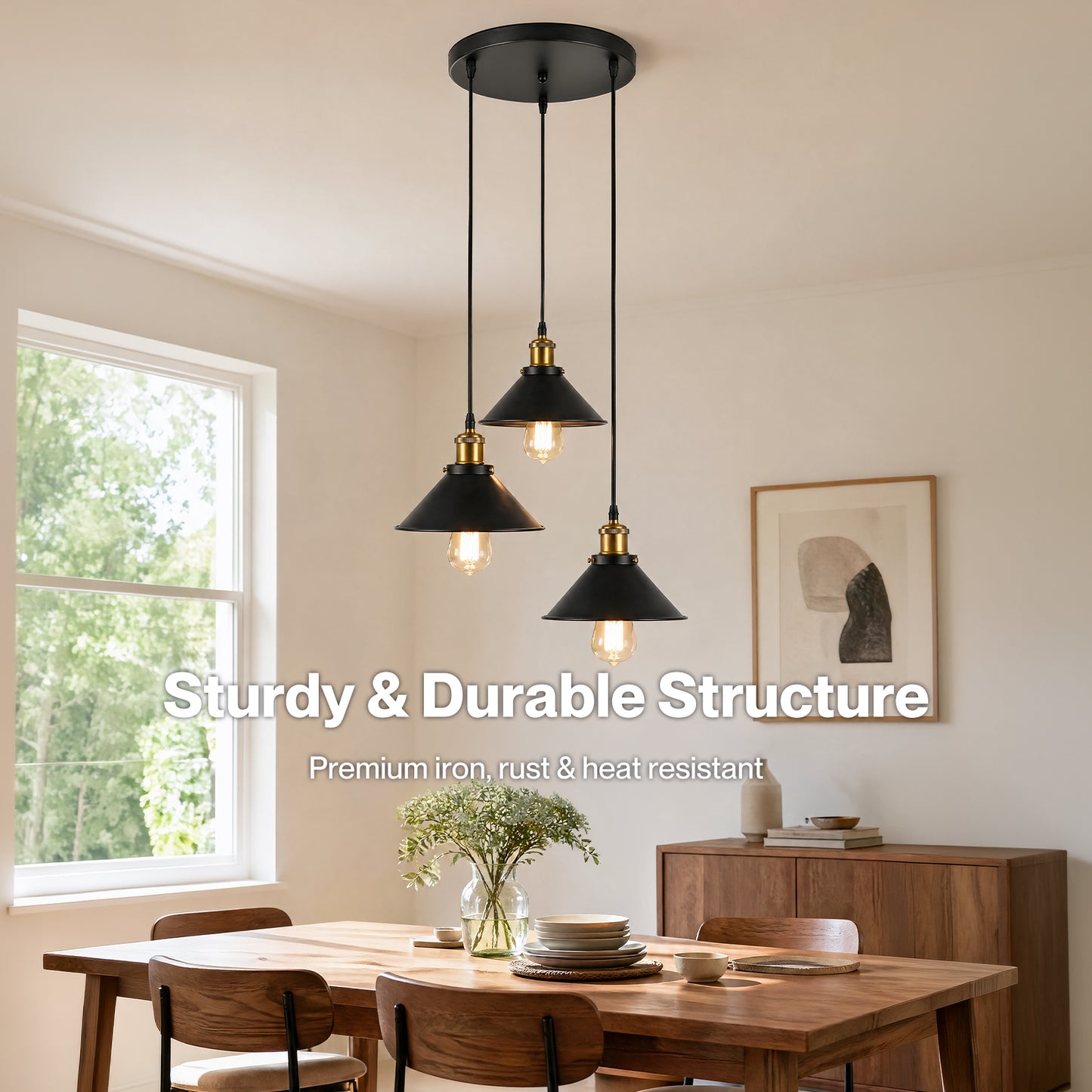 Emitto Pendant Light 3 Lights Height Adjustable Vintage Ceiling Light Black