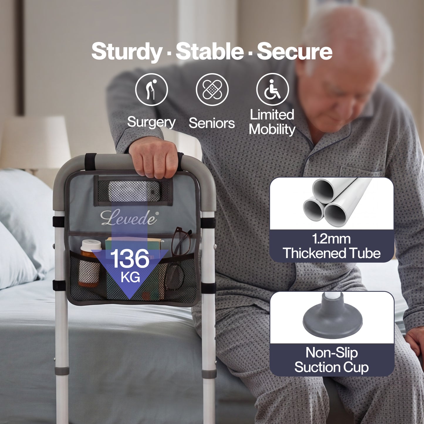 Levede Adjustable Bed Rail with LED Sensor Light Storage Pocket Bed Handle Guard