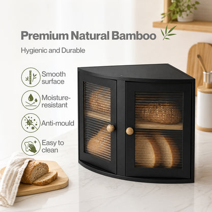 Bread Bin  Corner Bread Bin for Kitchen  Double-Layer Bamboo Box  Black