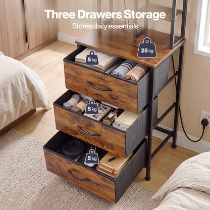 Levede Bedside Table with Charging Station 3 Drawer RGB Light Night Stand Brown