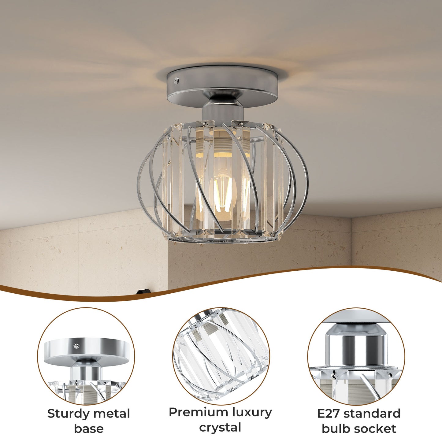 Emitto Crystal Ceiling Light Semi Flush Mount Chandelier Modern Hallway Silver