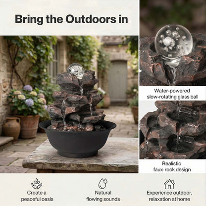 Spector Water Fountain Tabletop Glass Ball Feature 3-Speed Flow Resin Rock Brown