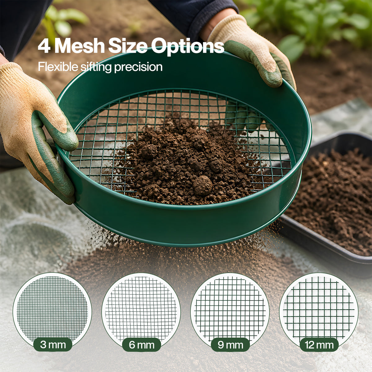 Garden Sieve Soil Sifter Set Metal 4 Mesh Inserts Shovel Hoe for Pots Green