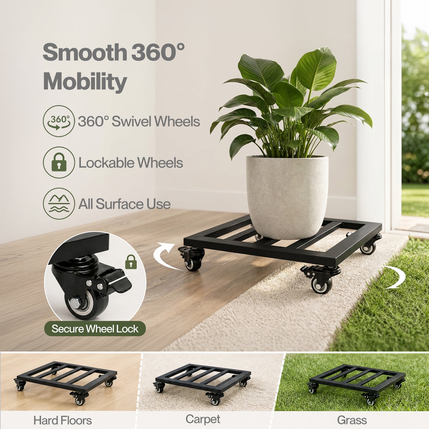 Toque Plant Caddy with Wheels Heavy Duty Rolling Plant Stand Trolley 2PCS