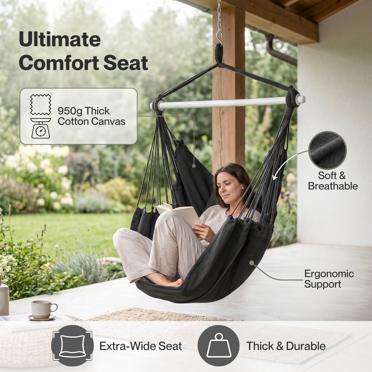 Mountview Hammock Chair Hanging Rope Swing Seat Indoor Outdoor with Cushions
