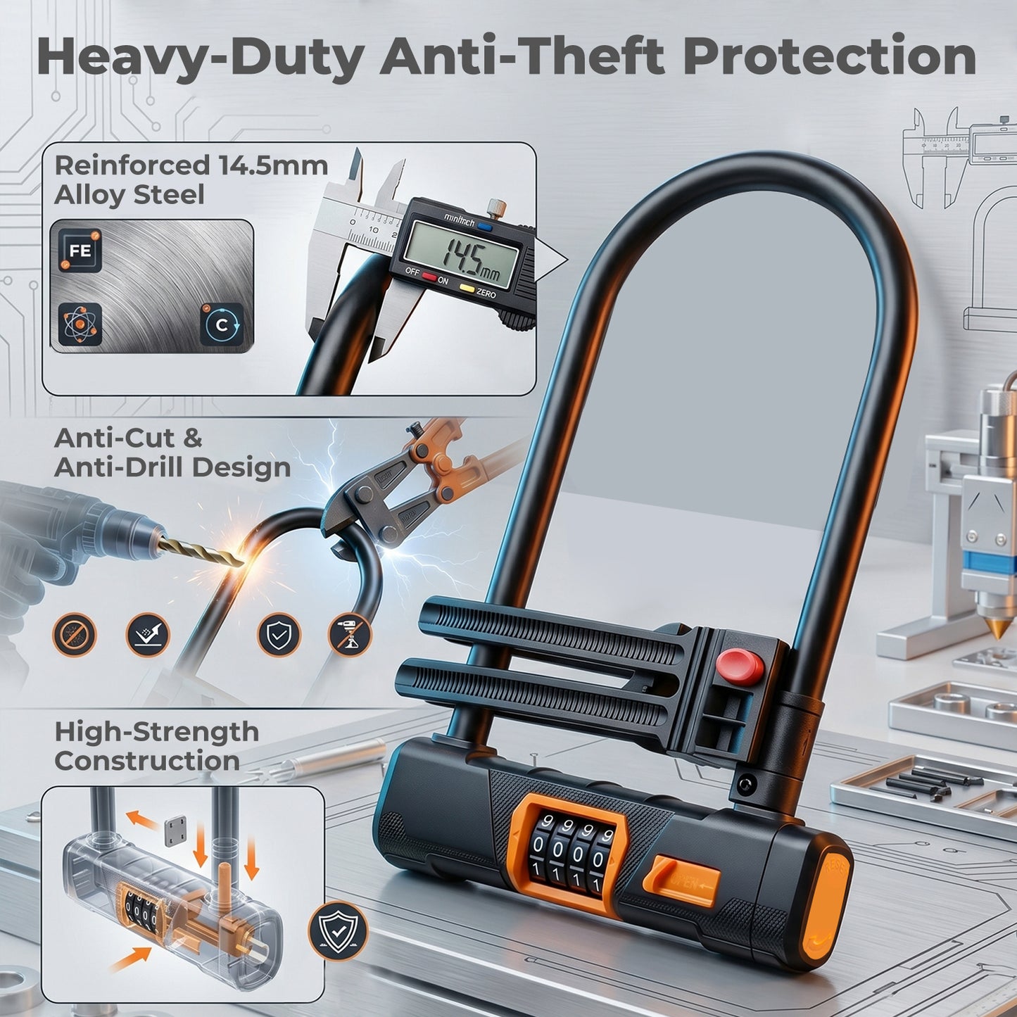 Bike Lock Combination D Lock with Cable 4 Digit Alloy Steel Black Orange