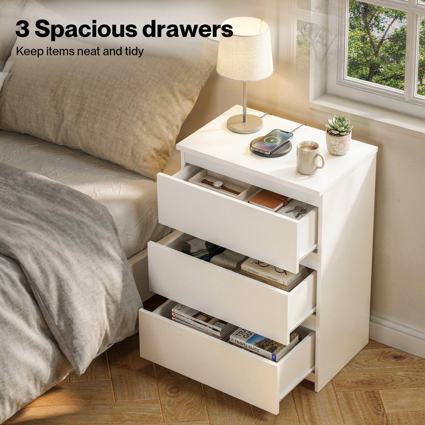 Levede Bedside Tables Side End Table White 3 Drawers Modern Storage Cabinet