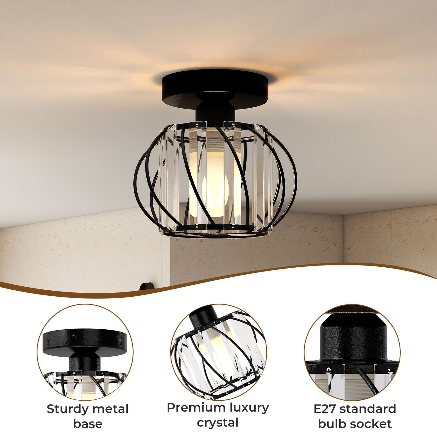 Emitto Crystal Ceiling Light Semi Flush Mount Chandelier Modern Hallway Black