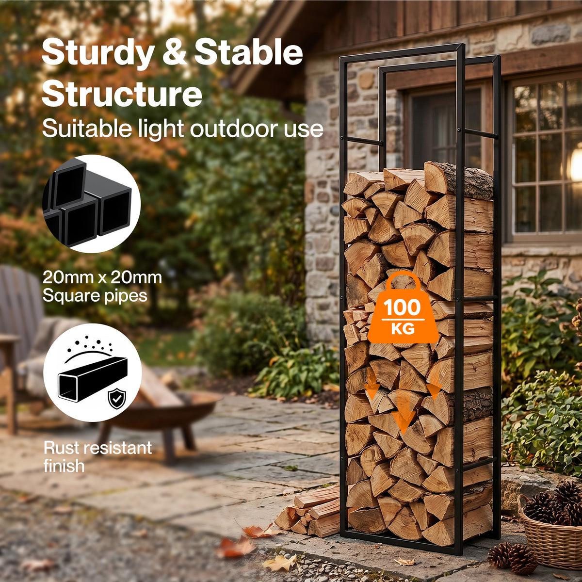 Levede Firewood Rack Steel Outdoor Storage Log Holder Fireplace 40 x 25 x 150cm