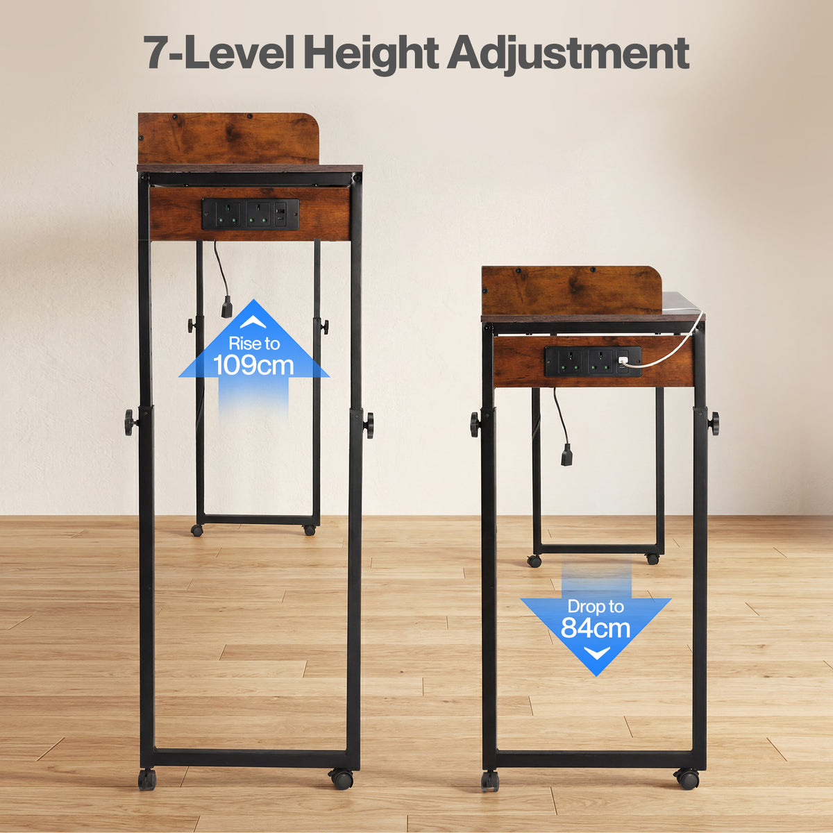 Levede Overbed Table 180cm 84-109cm Mobile with Charging Station Bedroom Brown