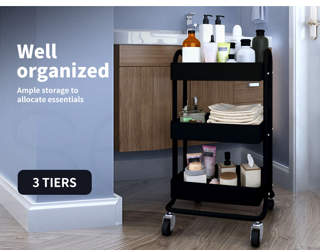 Levede 3 Tiers Kitchen Trolley Cart Steel Storage Rack Shelf Organiser Black