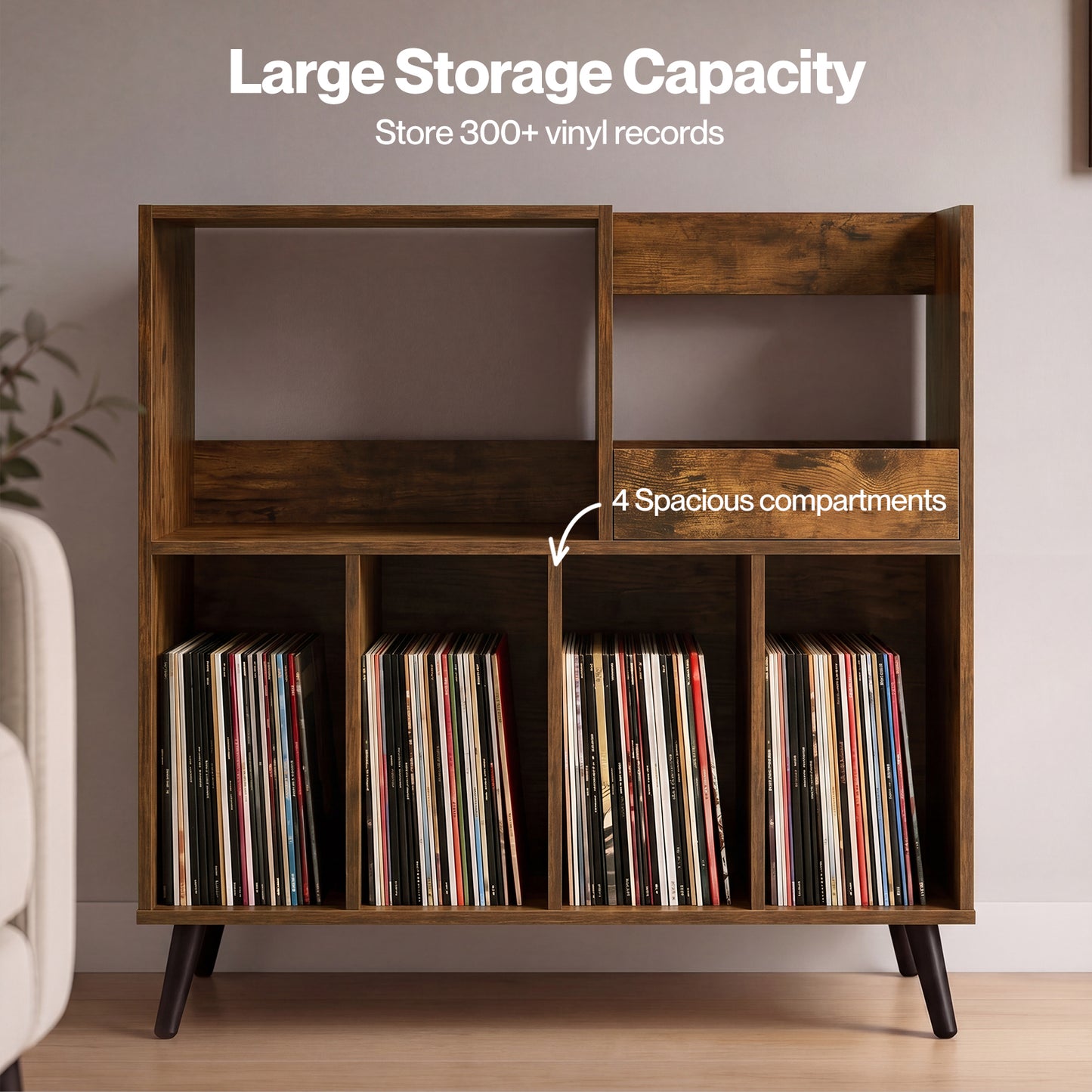 Levede Record Player Stand 300+ Album Storage Turntable Cabinet Rubber Wood Antique Brown