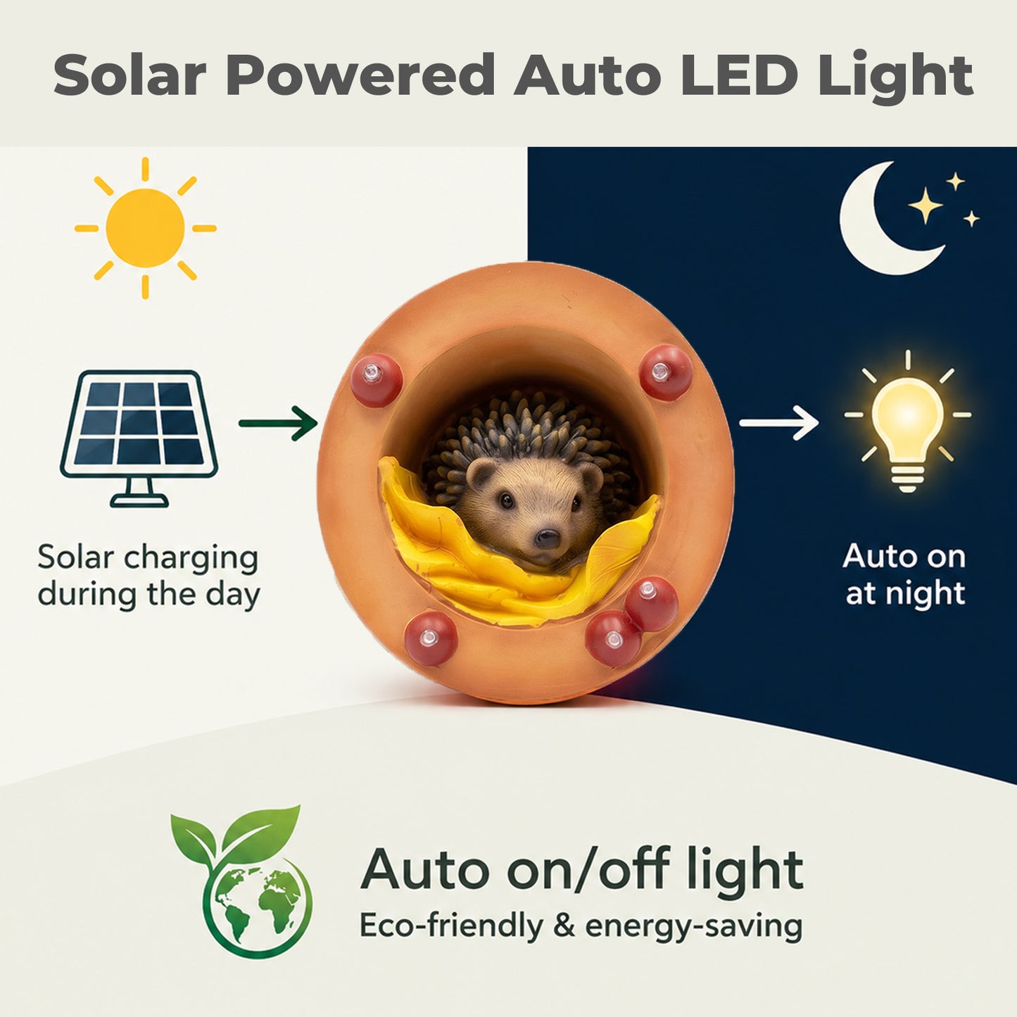 Emitto Garden Ornaments Solar Hedgehog Statue LED Outdoor Decor Patio Brown
