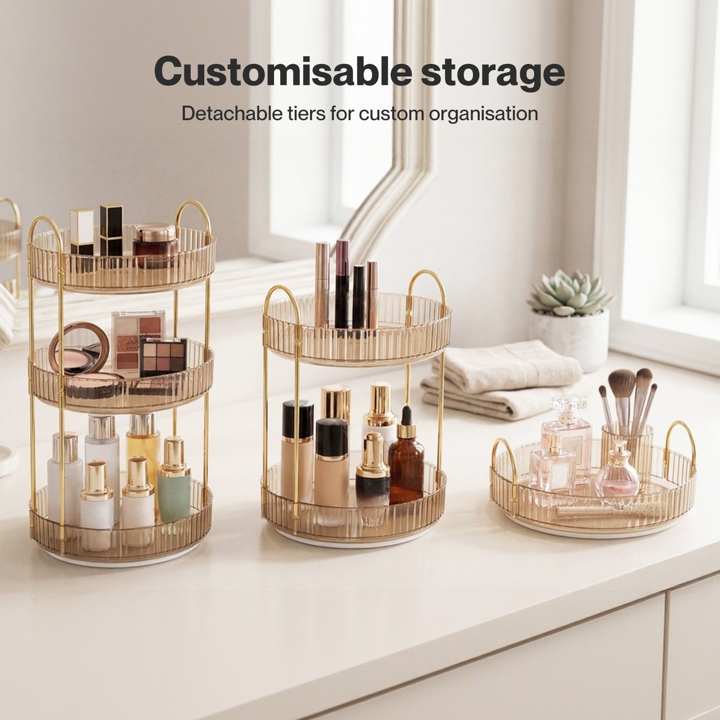 ilus Makeup Organiser 360 Rotating Spinning 3 Tiers Cosmetic Organizer Gold