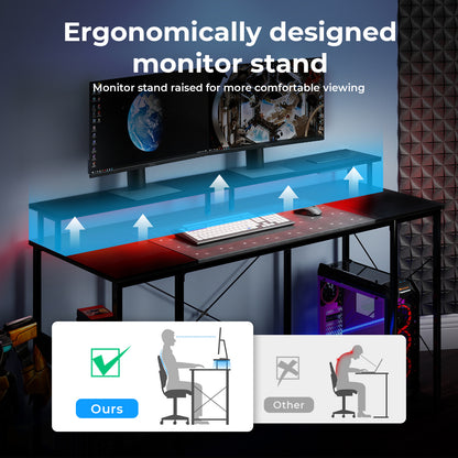 Levede Gaming Computer Desk Office Table with Lights Shelves Power Port 140cm