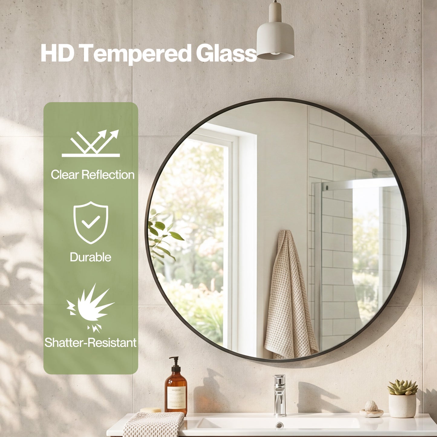 Yezi Wall Mirror Round Mirror Tempered Glass HD Make Up Mirror Bathroom 60cm