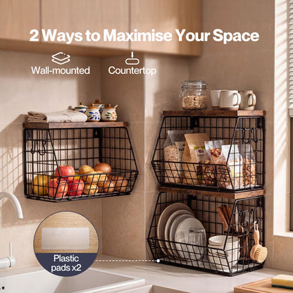Toque Fruit Snack Storage Basket 2PCS Stackable Wall Mounted Kitchen Wood Lid