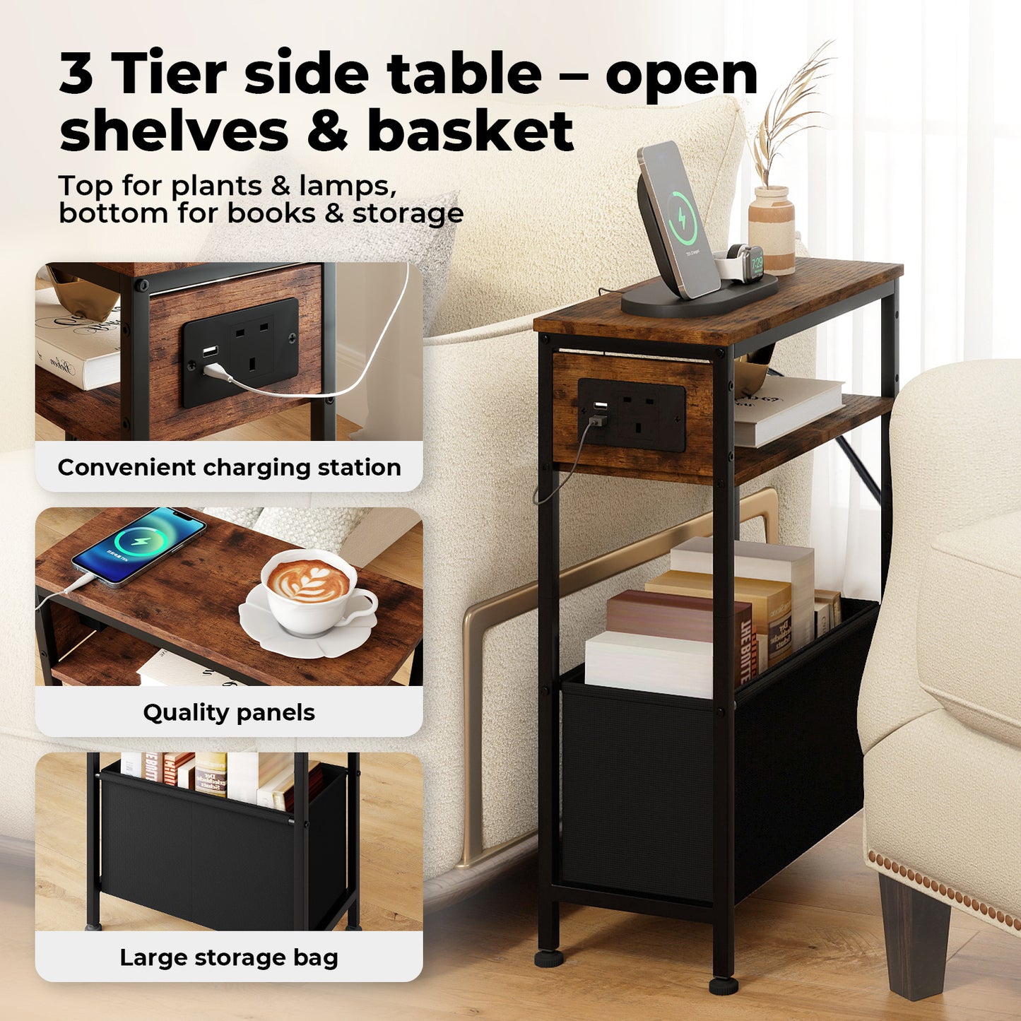 Slim Side Table with Charging Station Storage Narrow End Table Sofa Living Room
