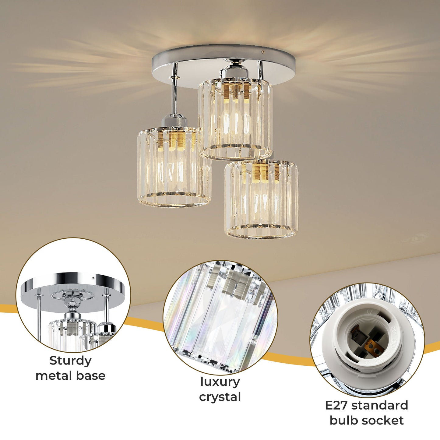 Emitto Crystal Ceiling Light 3 Light E27 Chandelier Semi Flush Mount Lamp Chrome