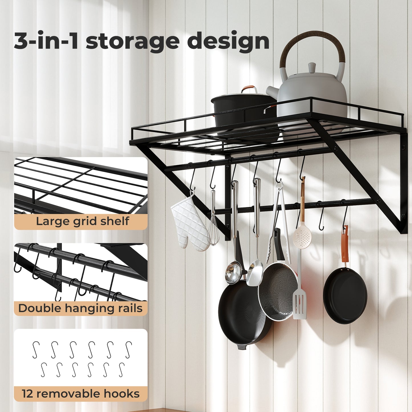 Toque Wall Mounted Pot Pan Rack Multipurpose Utensil Rail Holder Shelf 12 Hooks