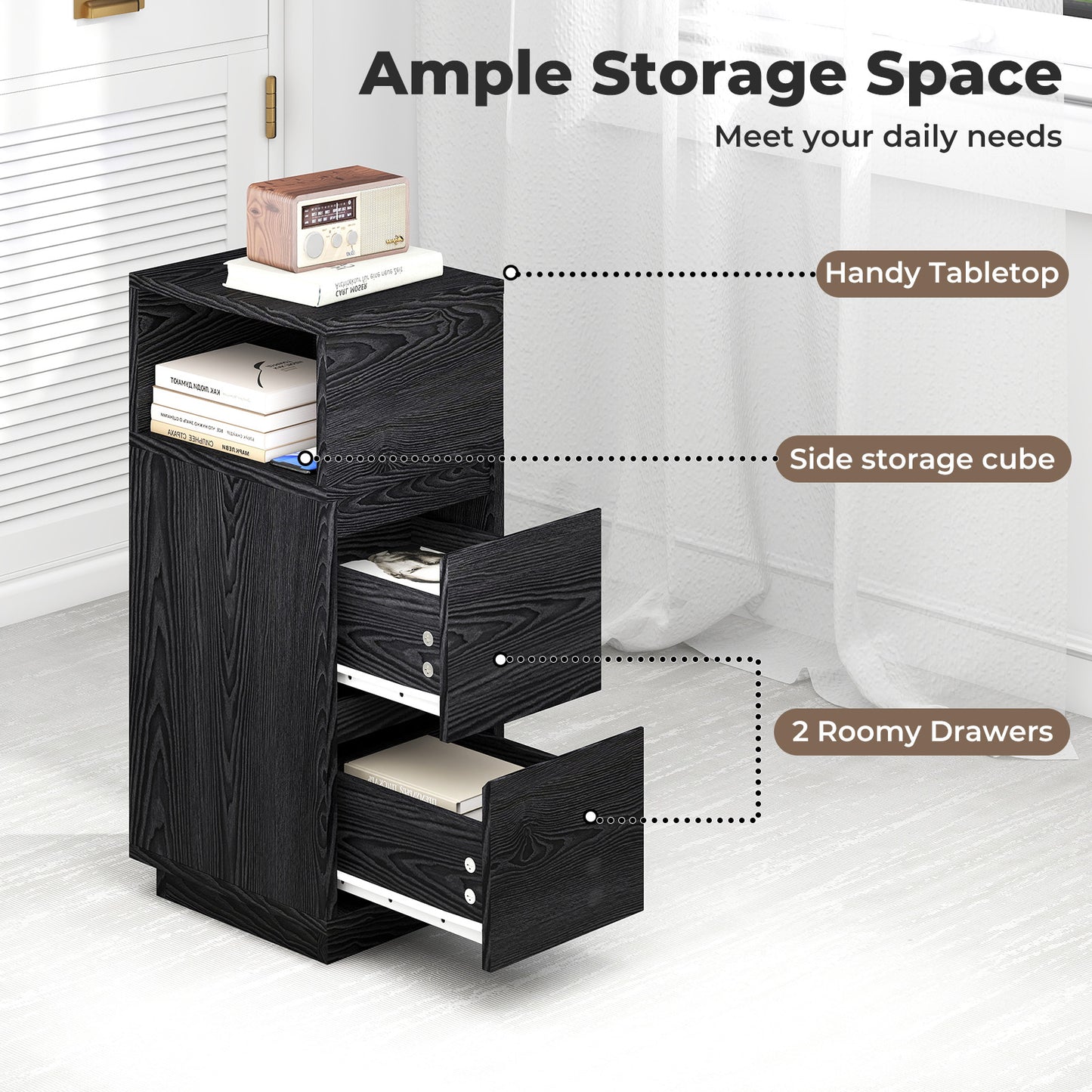 Levede Slim Bedside Table Storage Nightstand with 2 Drawers & Open Shelf Black