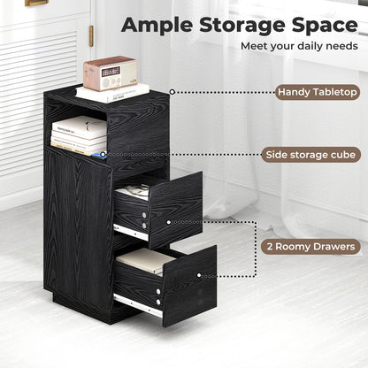 Levede Slim Bedside Table Storage Nightstand with 2 Drawers & Open Shelf Black
