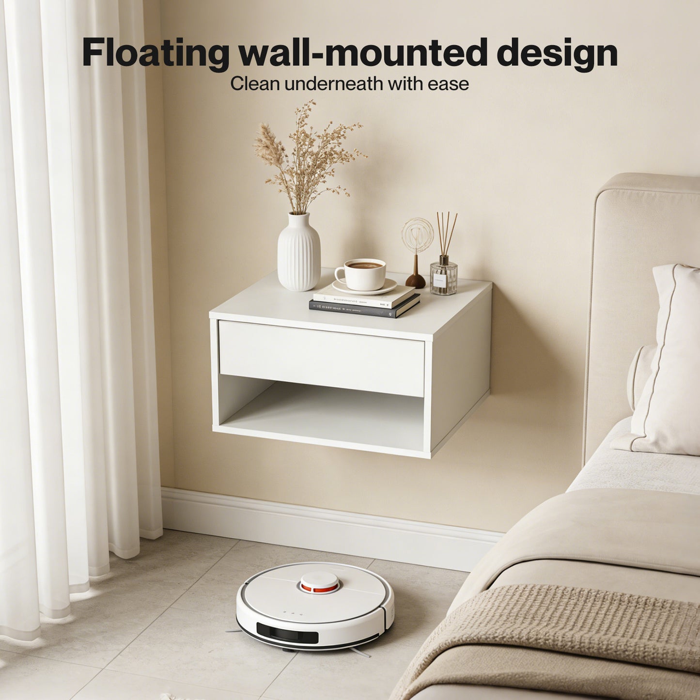 Levede Bedside Table Floating Set of 2 Wall Mounted Drawer Open Shelf White
