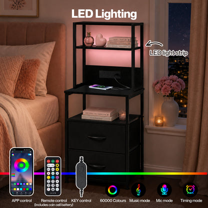 Levede Bedside Table with Charging Station LED Light 2 Drawers Storage Black