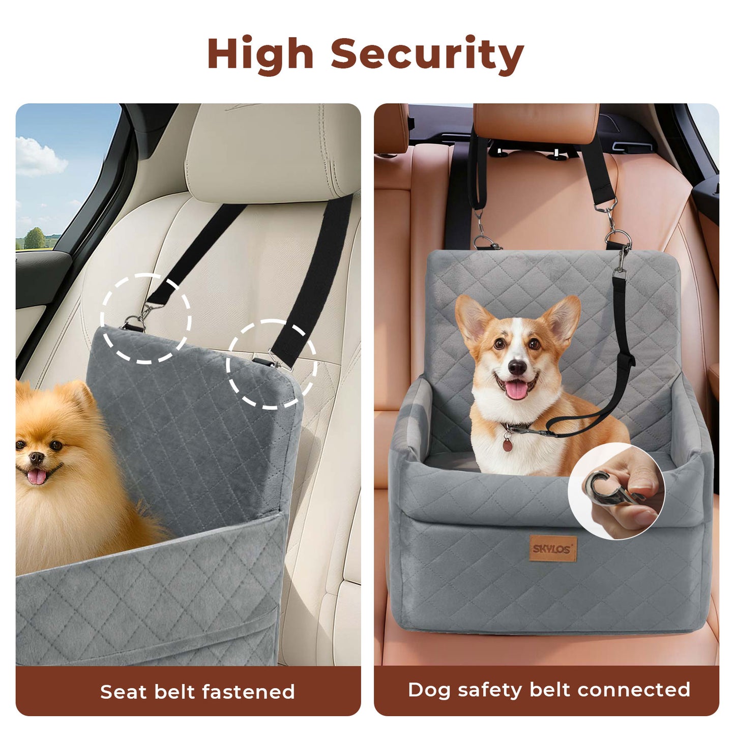 Skylos Dog Booster Car Seat Cosy Cats Pet Travel Bed with Safety Leash Grey